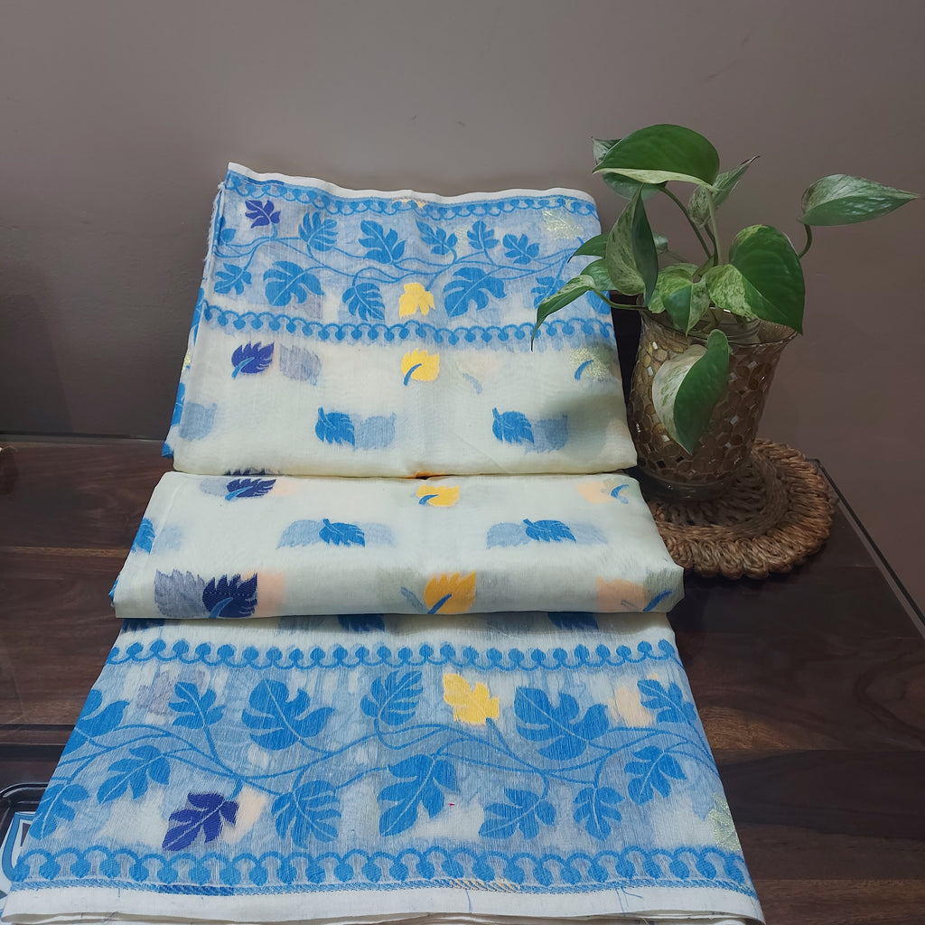 Cotton Jamdani-Light JaalWhiteBlue