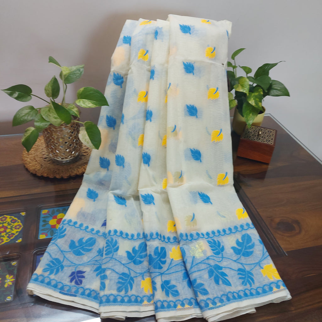 Cotton Jamdani-Light JaalWhiteBlue