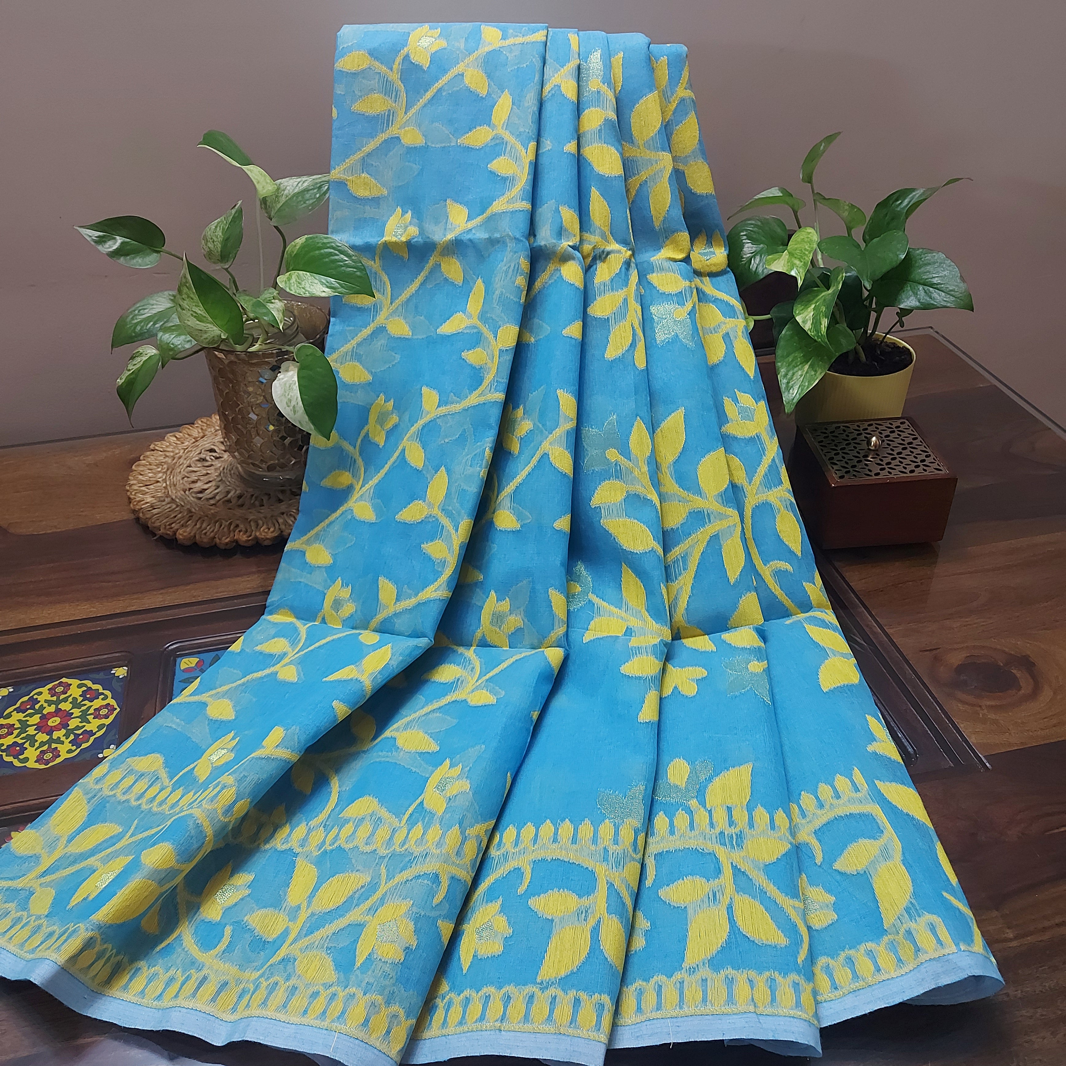 Cotton Dhakai Jamdani-JaalCyan