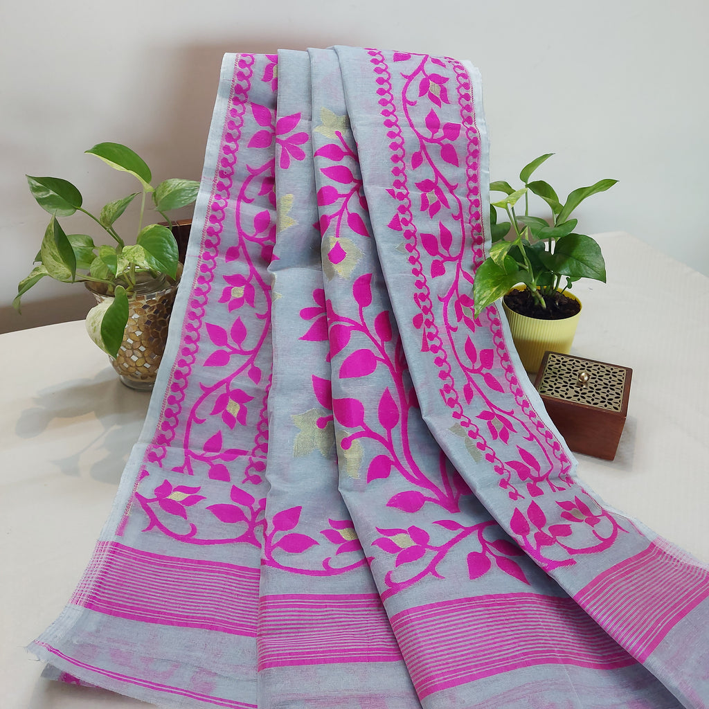 Cotton Dhakai Jamdani-JaalGreyPink