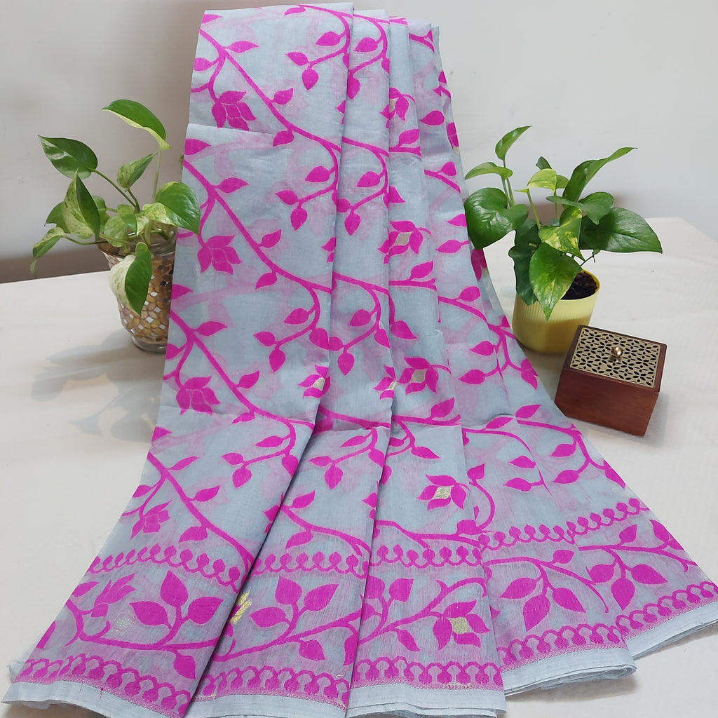 Cotton Dhakai Jamdani-JaalGreyPink