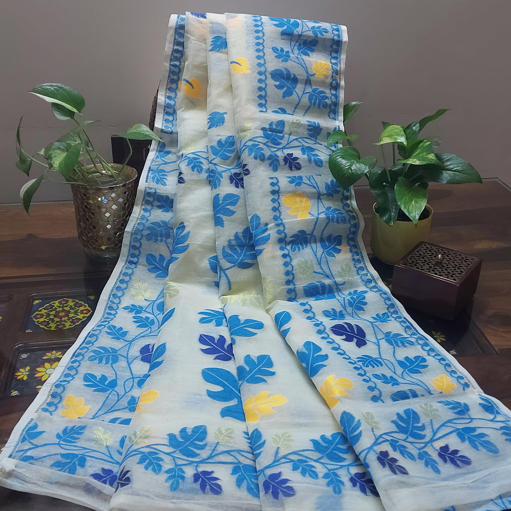 Cotton Jamdani-Light JaalWhiteBlue