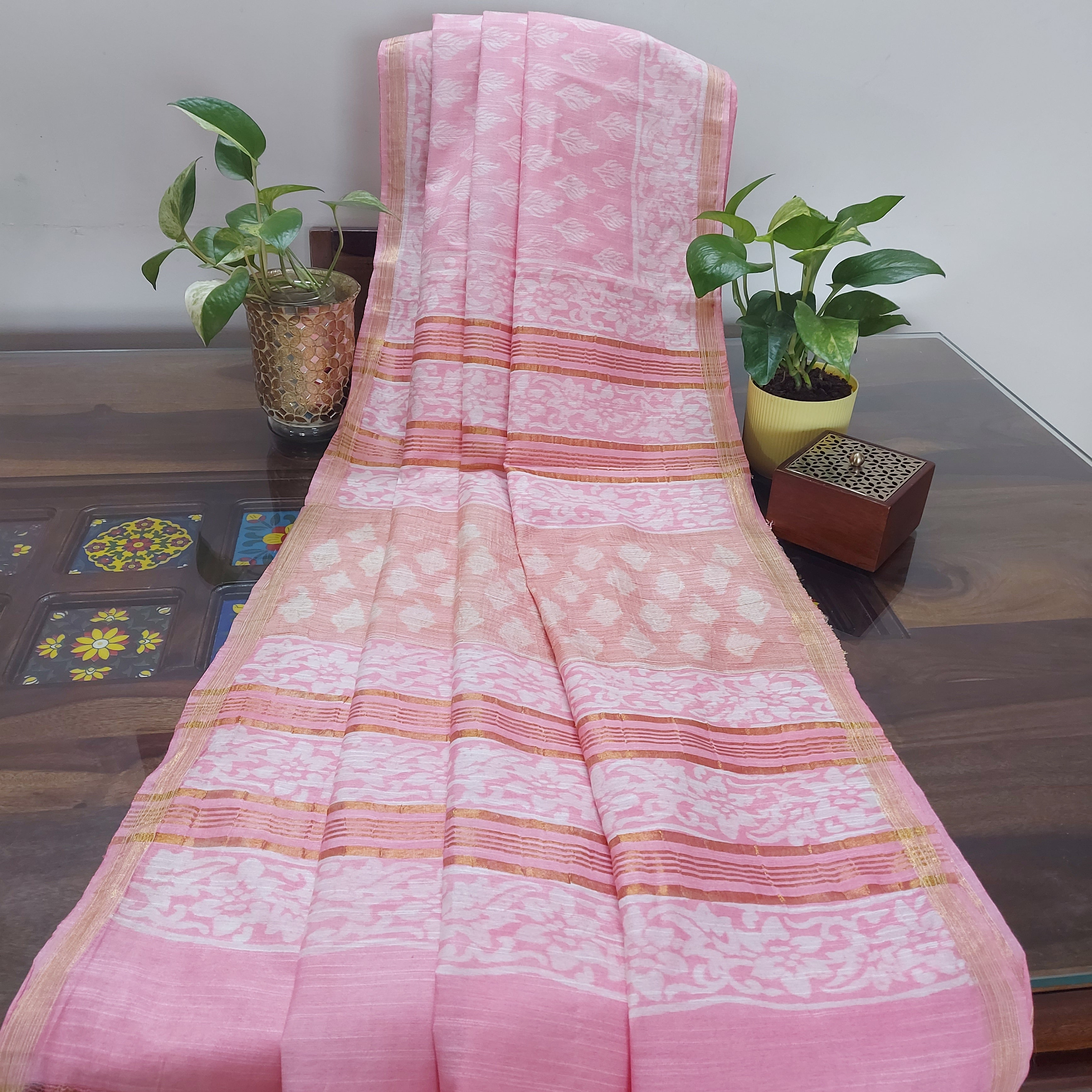 Chanderi Silk-Bagru print Soft Pink