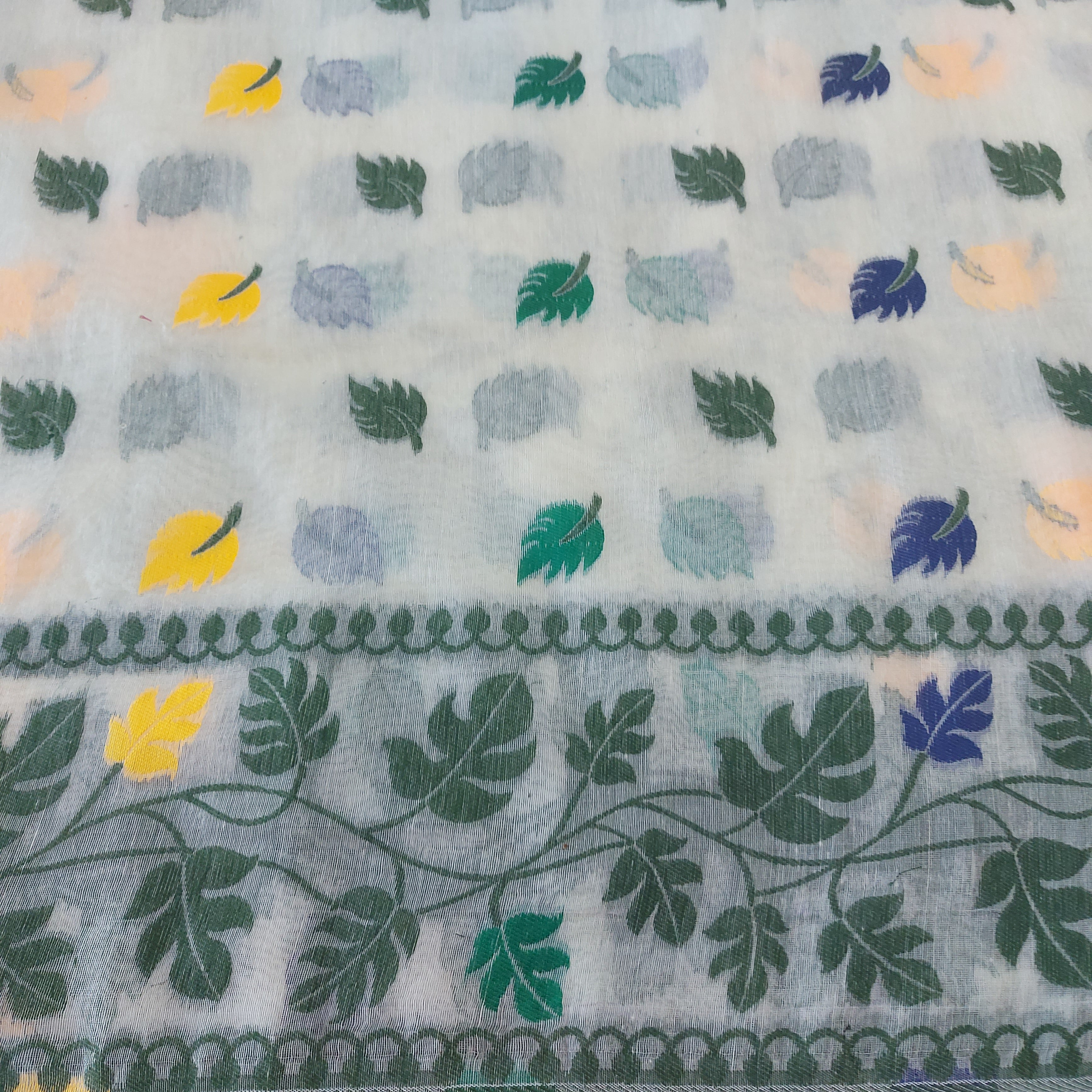 Cotton Jamdani-Light JaalWhiteGreenBlue