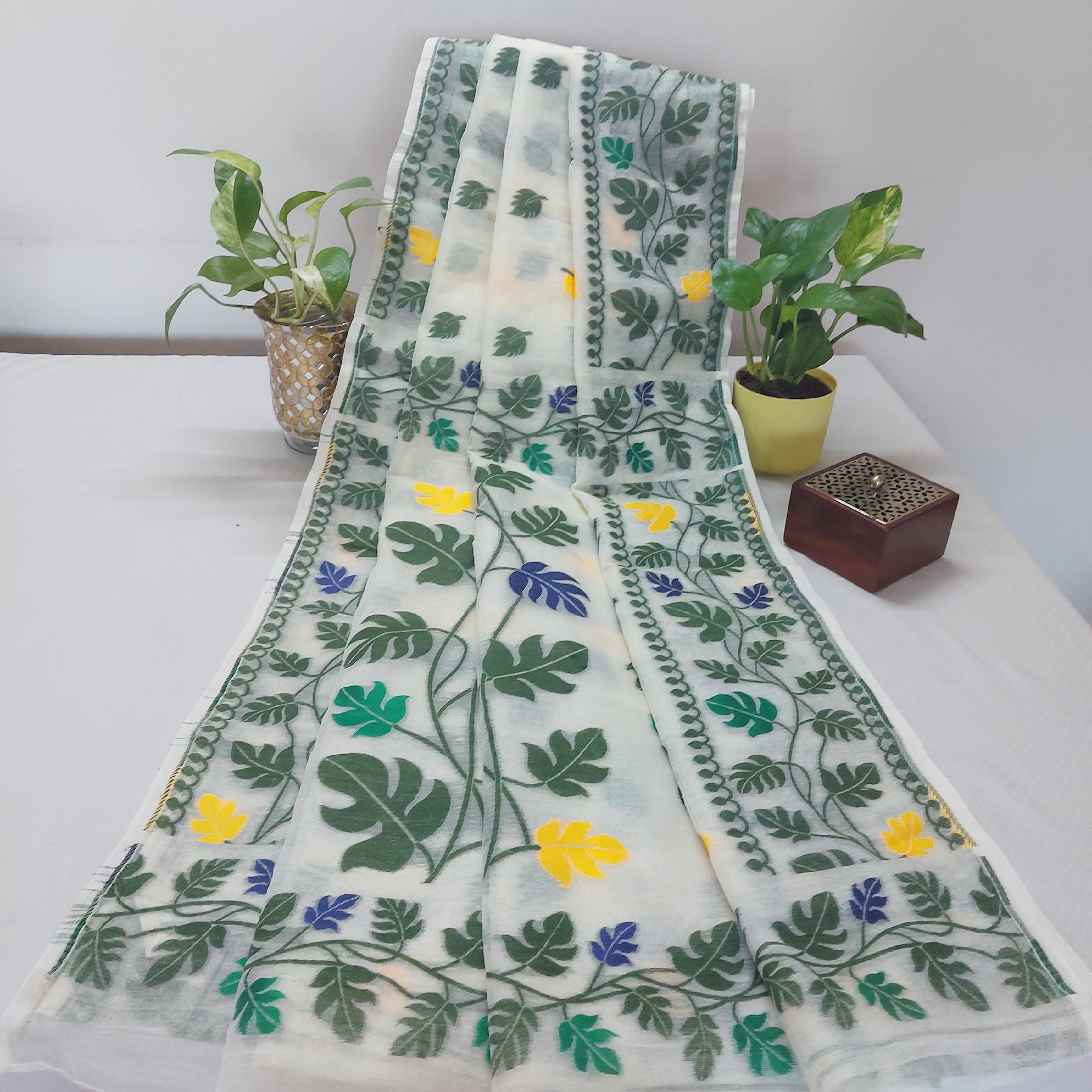 Cotton Jamdani-Light JaalWhiteGreenBlue