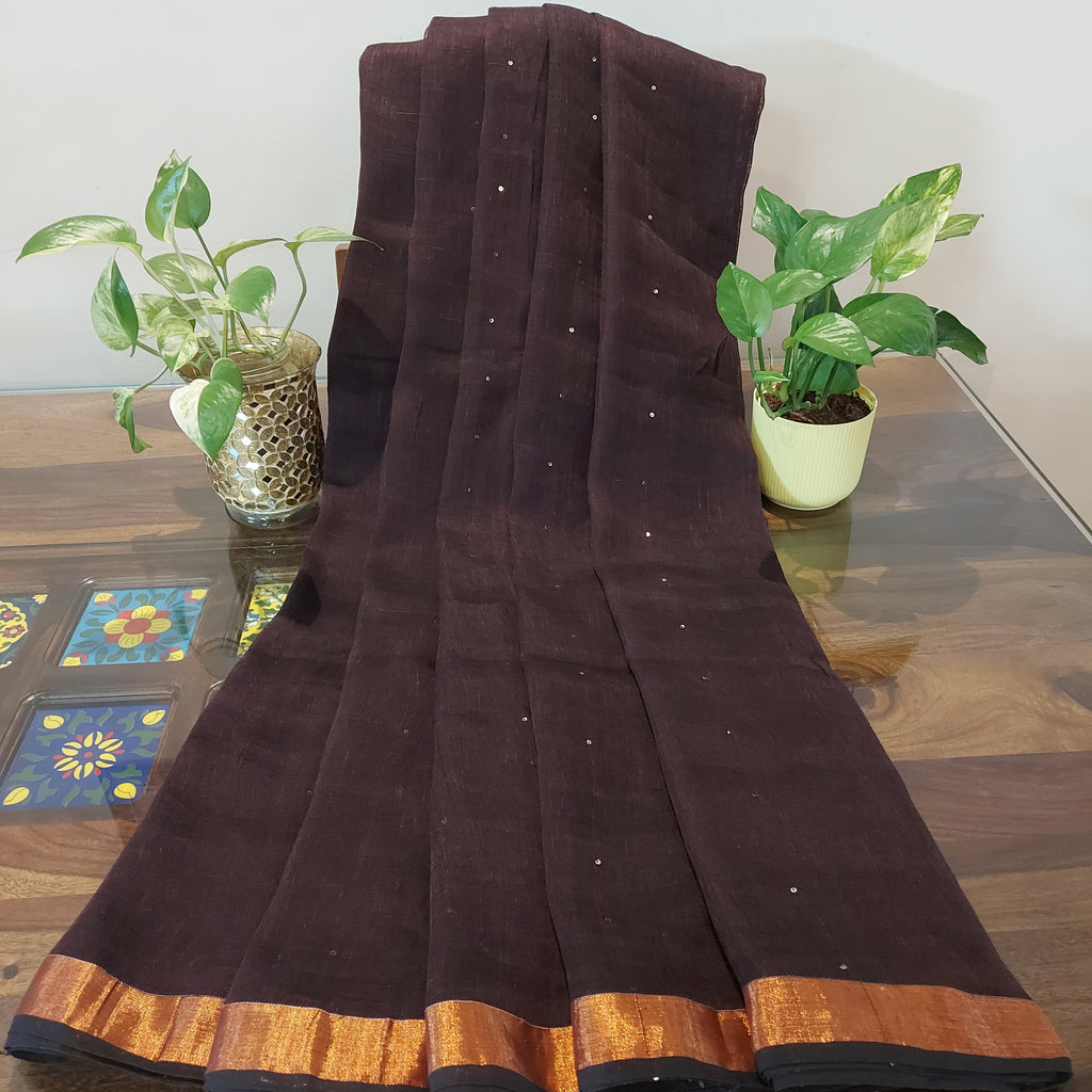 Fantasy - Dark Chocolate Linen Saree