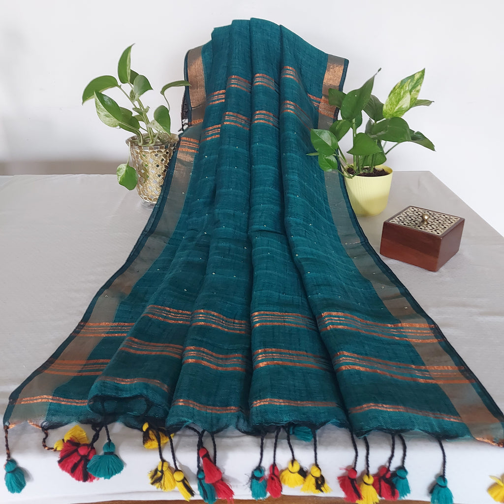 Serene - Teal Green Linen Saree