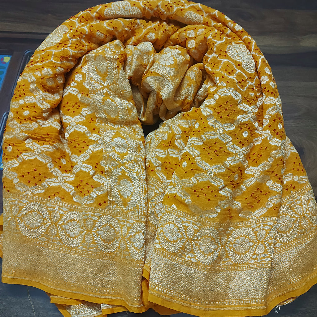 Ambar - Mustard Yellow Pure Khaddi Georgette+Rai dana Bandhej