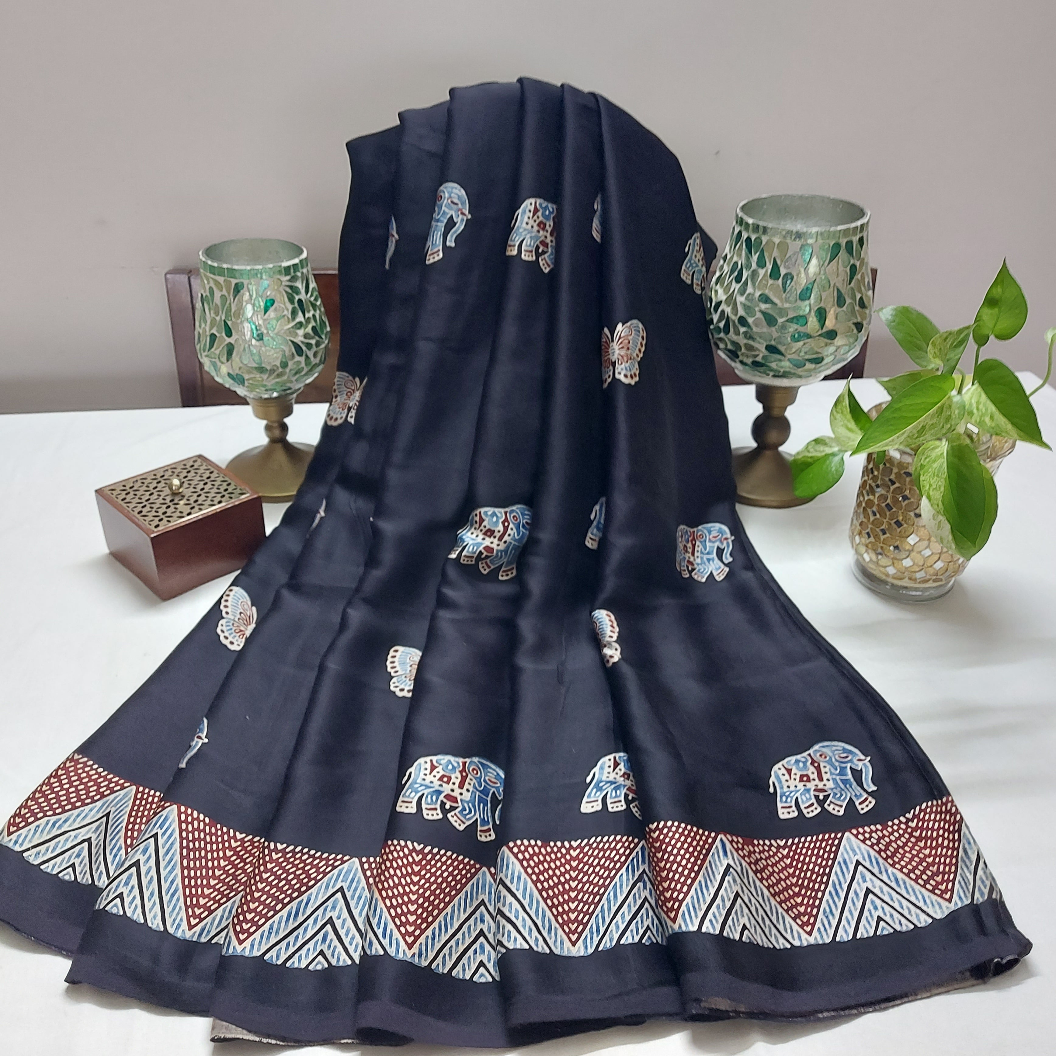 Gajra - Coke Brown, Butterfly and Elephant Block Print