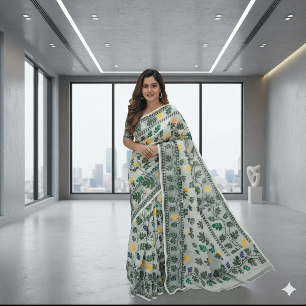 Cotton Jamdani-Light JaalWhiteGreenBlue