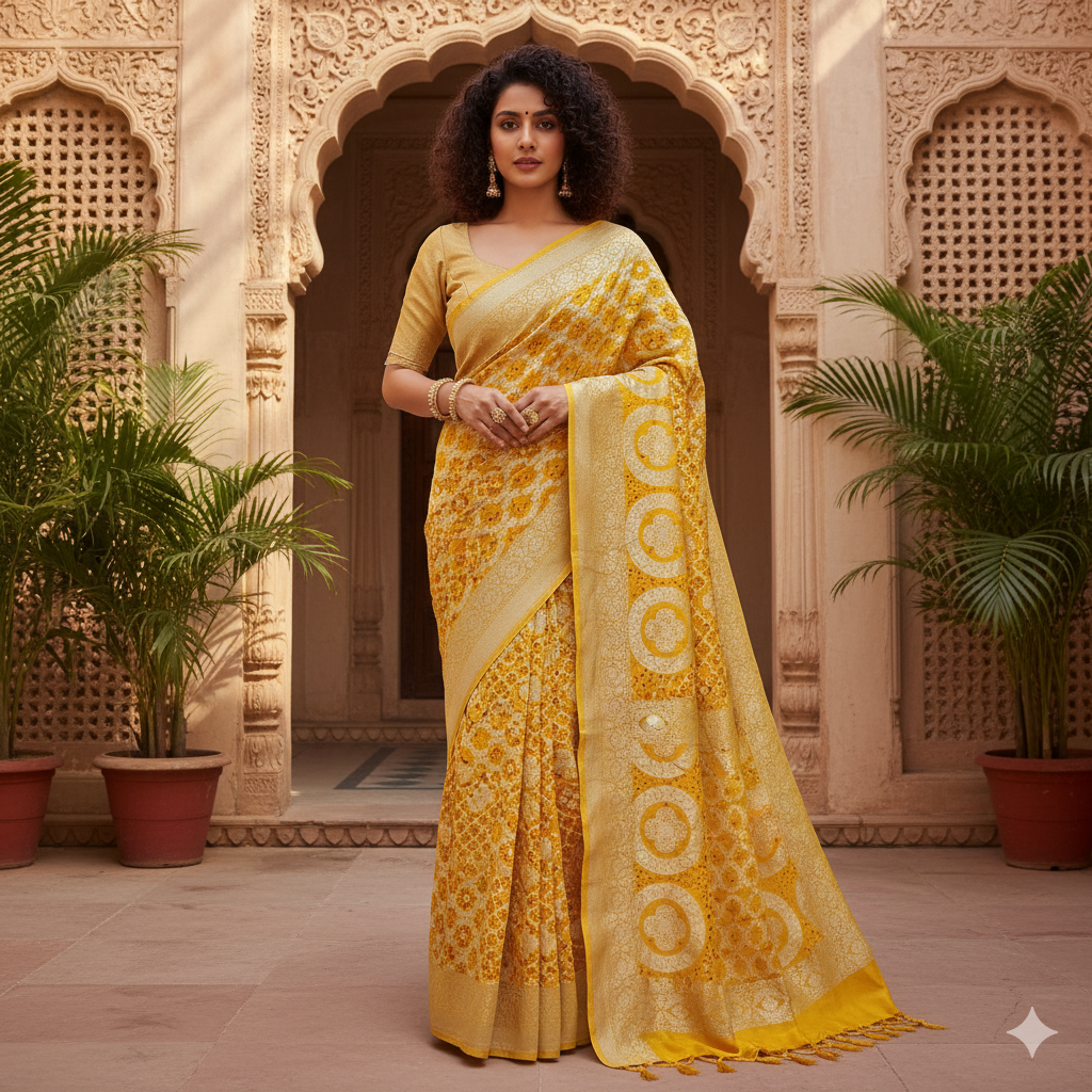 Ambar - Mustard Yellow Pure Khaddi Georgette+Rai dana Bandhej