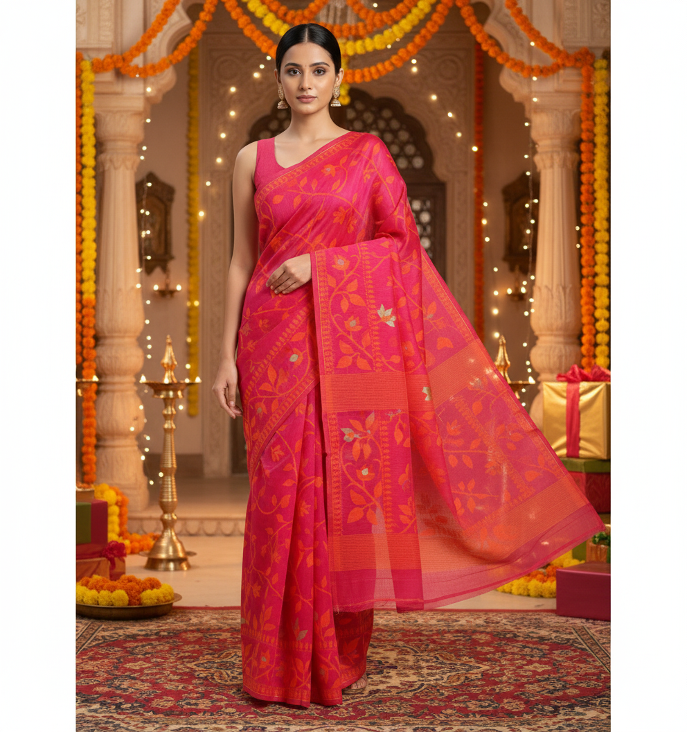 Cotton Dhakai Jamdani-JaalMaroon