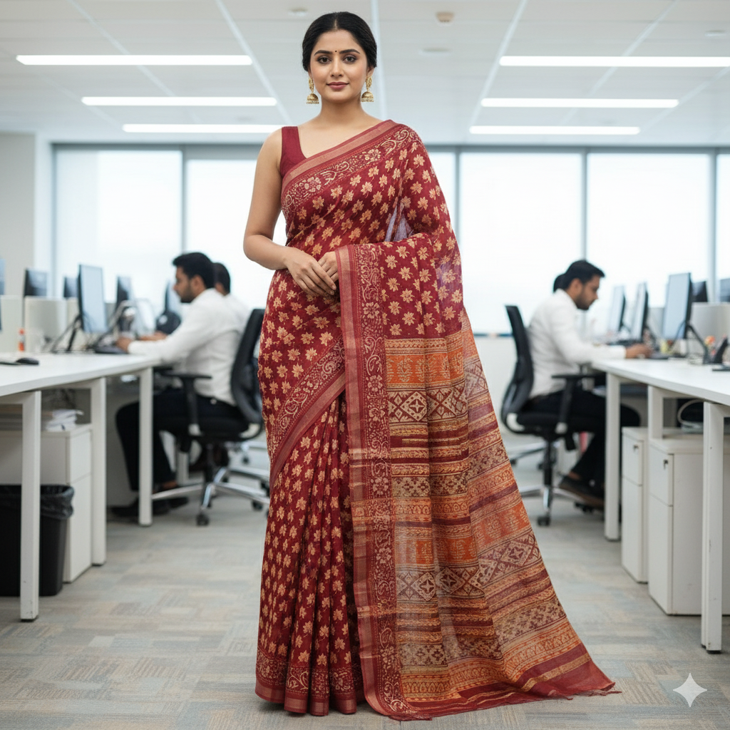 Chanderi Silk-Maheshwari printMaroon