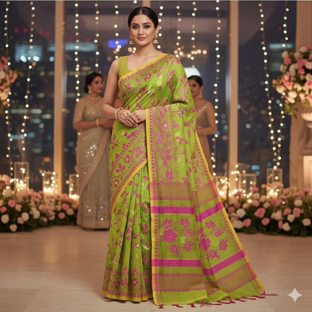 Cotton Jamdani-JaalGreen