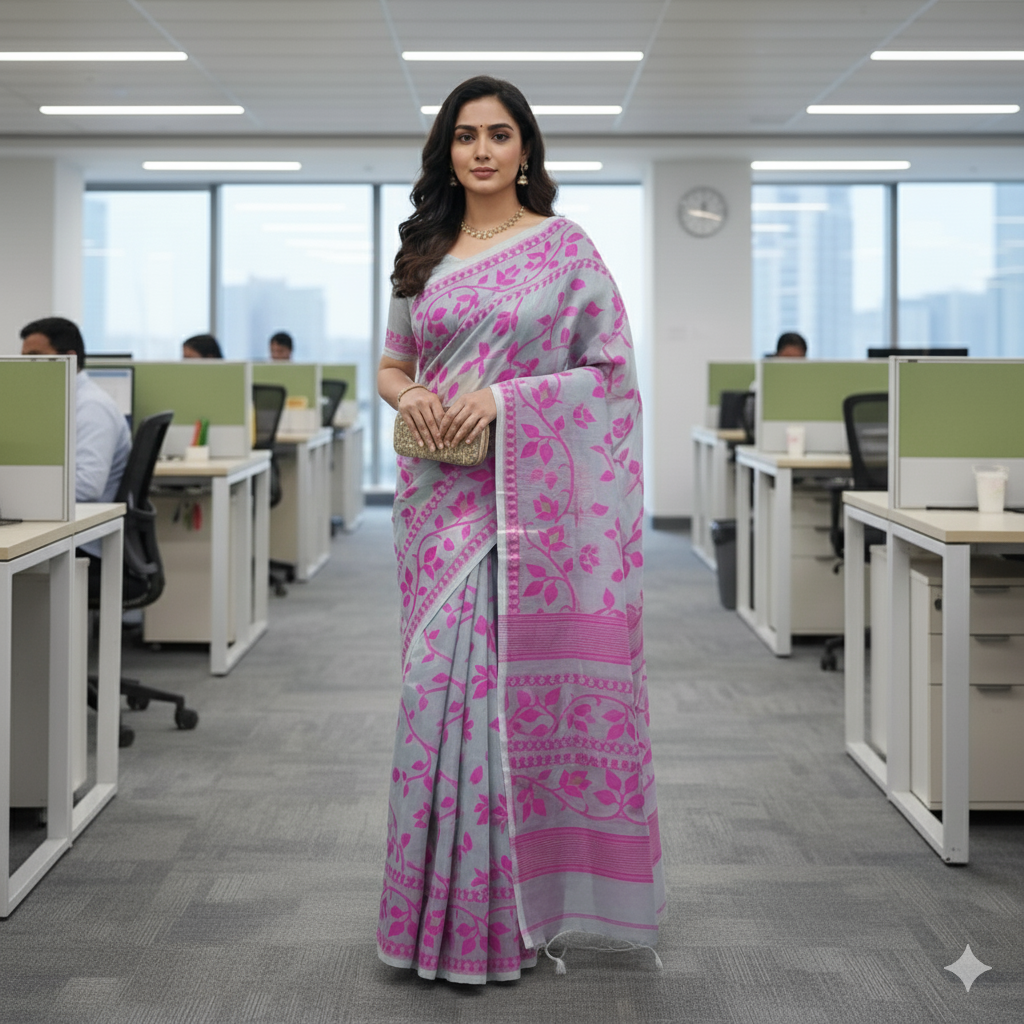 Cotton Dhakai Jamdani-JaalGreyPink