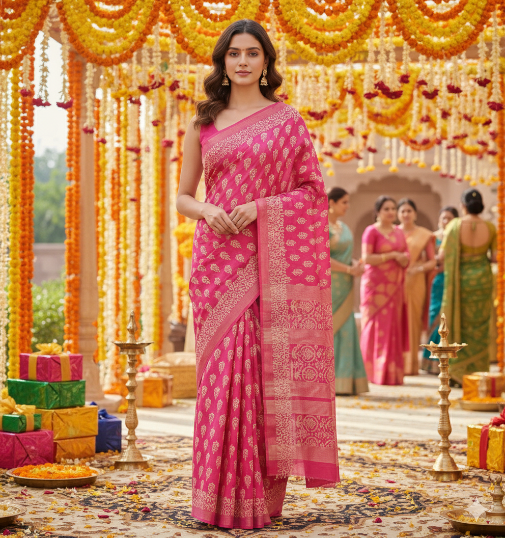 Chanderi Silk-Bagru print Pink