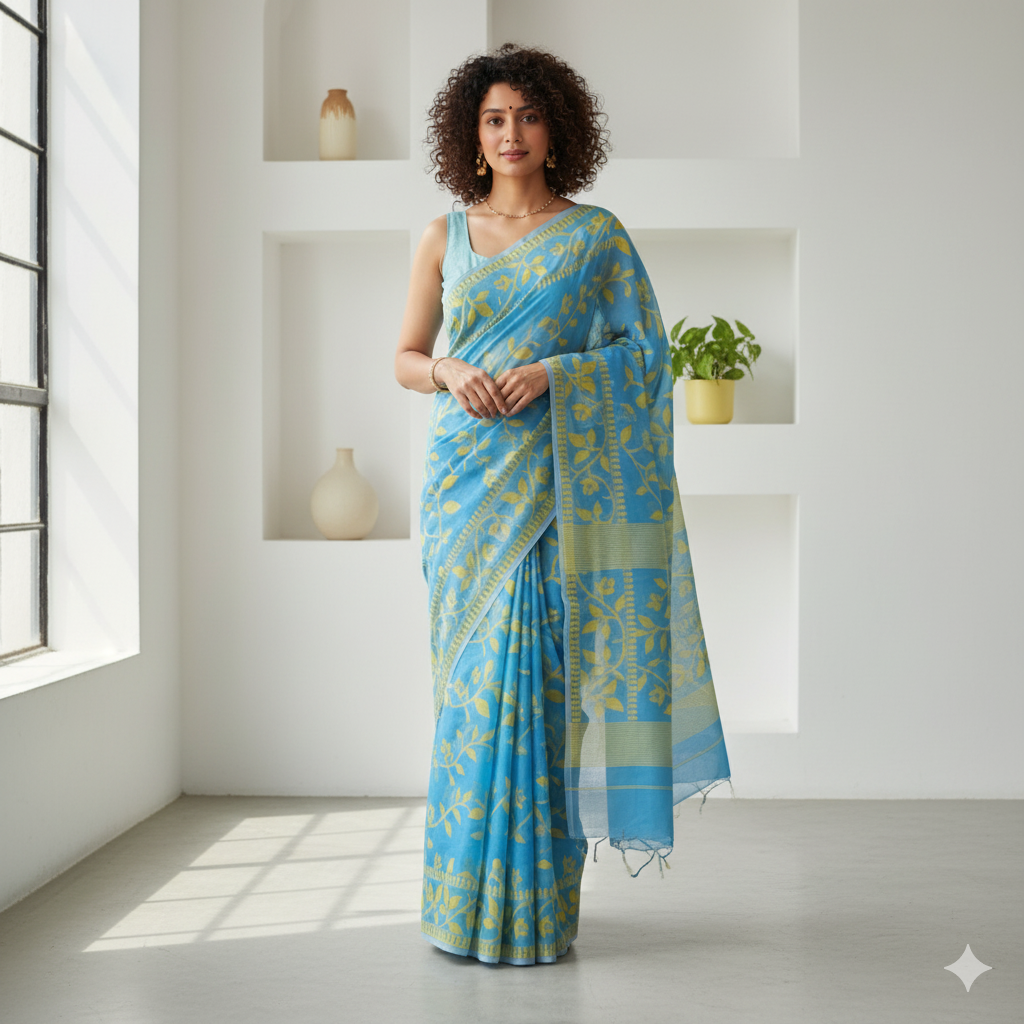 Cotton Dhakai Jamdani-JaalCyan