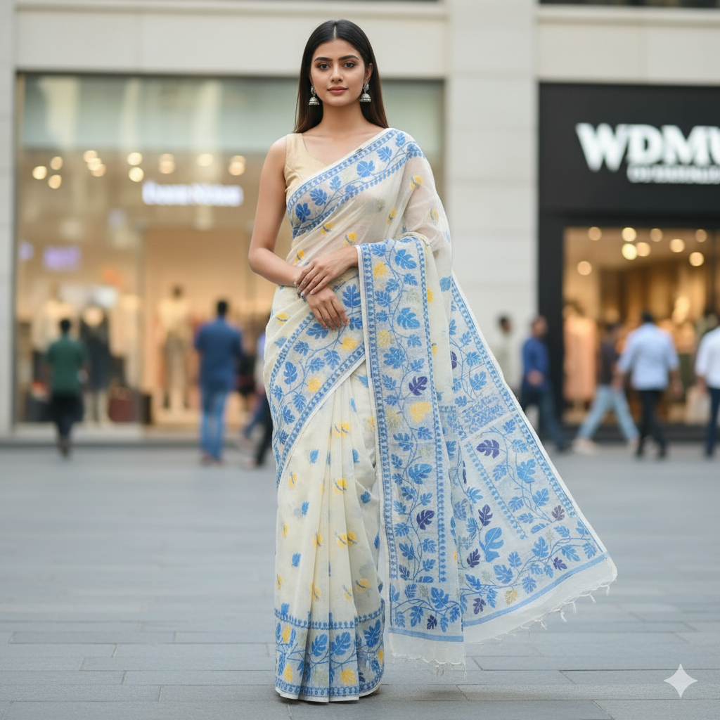 Cotton Jamdani-Light JaalWhiteBlue