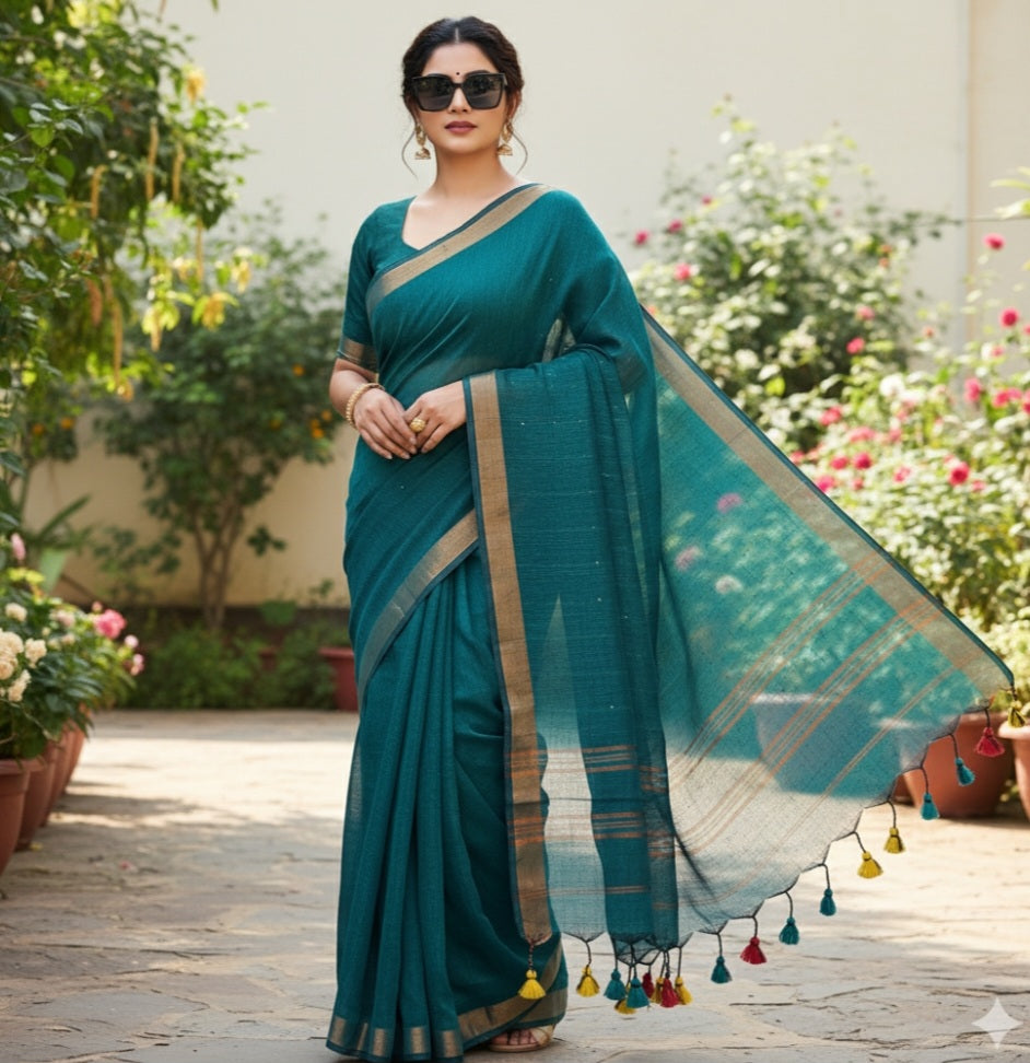 Serene - Teal Green Linen Saree