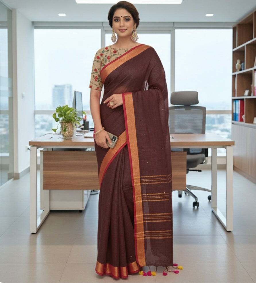 Fantasy - Dark Chocolate Linen Saree