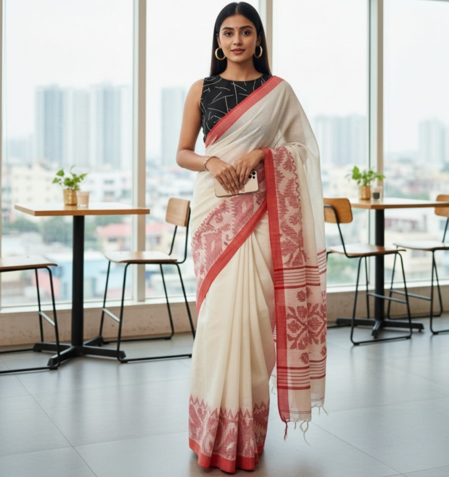 Purnima - White And Red Handloom Saree