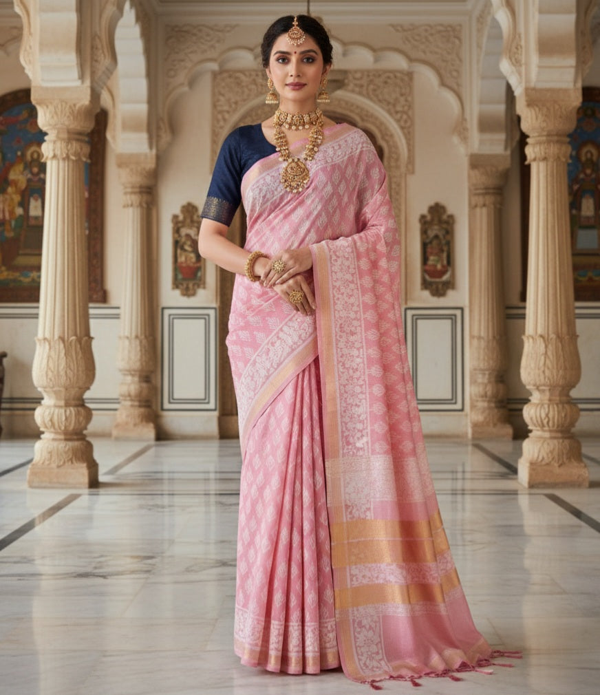 Chanderi Silk-Bagru print Soft Pink