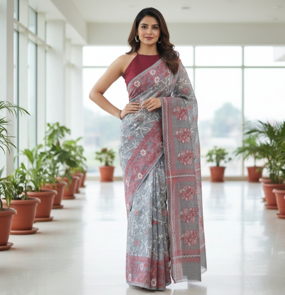 Cotton Jamdani Handloom JaalGreyRed