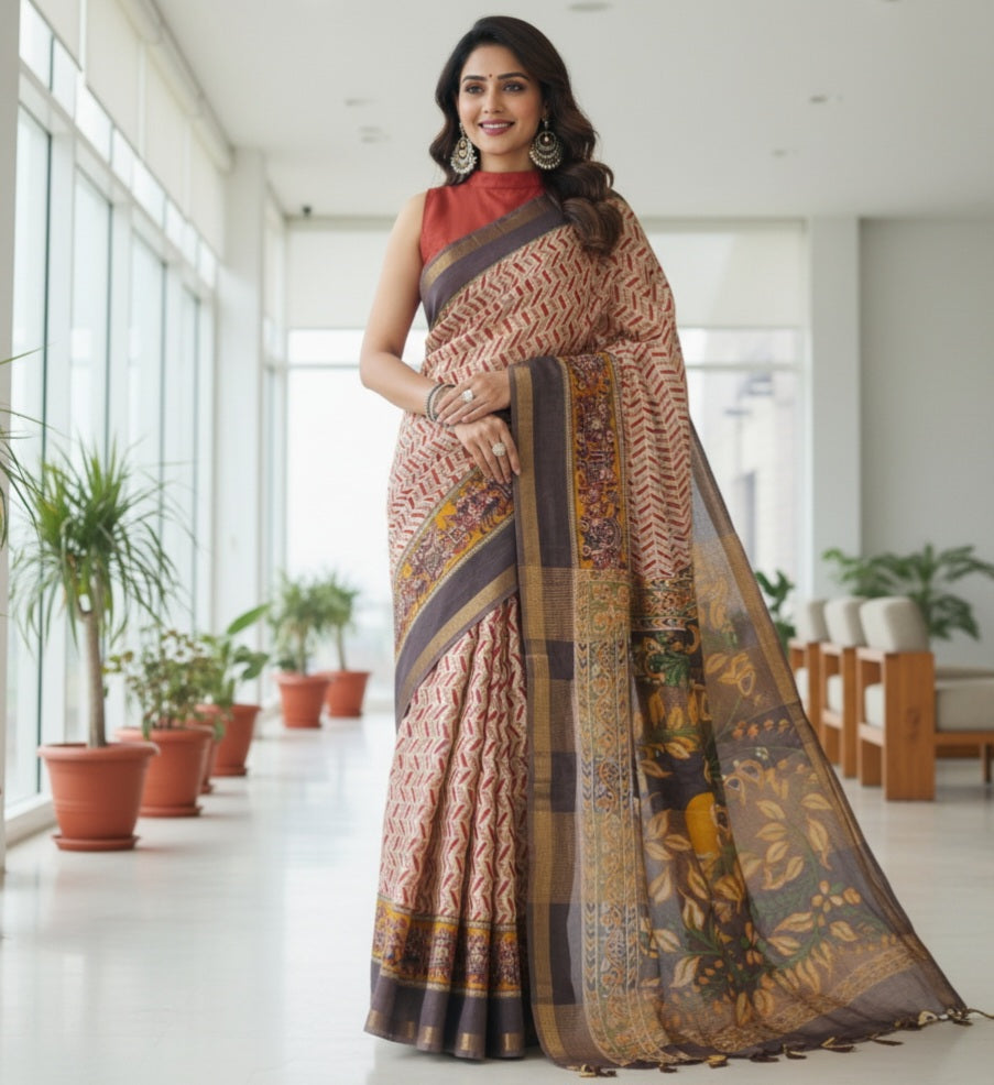Chanderi Silk-Maheshwari printBrown